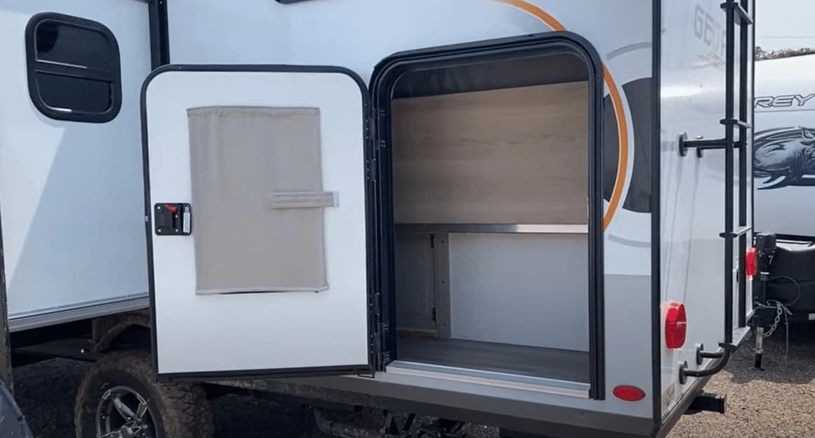 Geo Pro G20BHS rear cargo door — bottom bunk folds up for bikes and gear