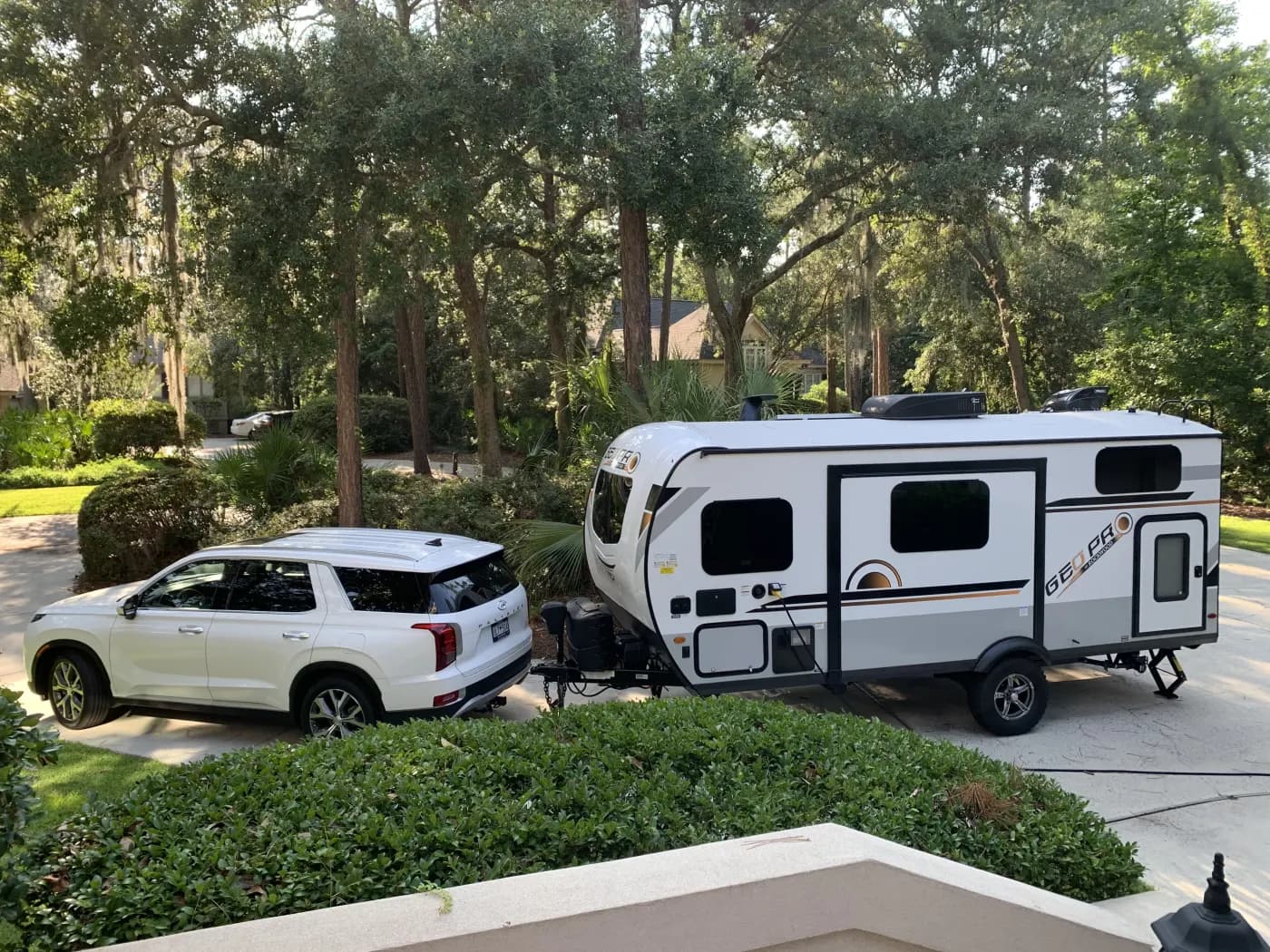 2021 Rockwood Geo Pro G20BHS travel trailer hitched to a mid-size SUV — budget Burning Man rental