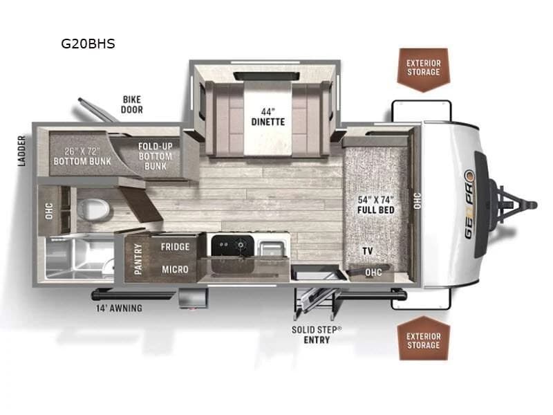 Rockwood Geo Pro G20BHS floorplan — front queen, double bunks, dinette, full bath