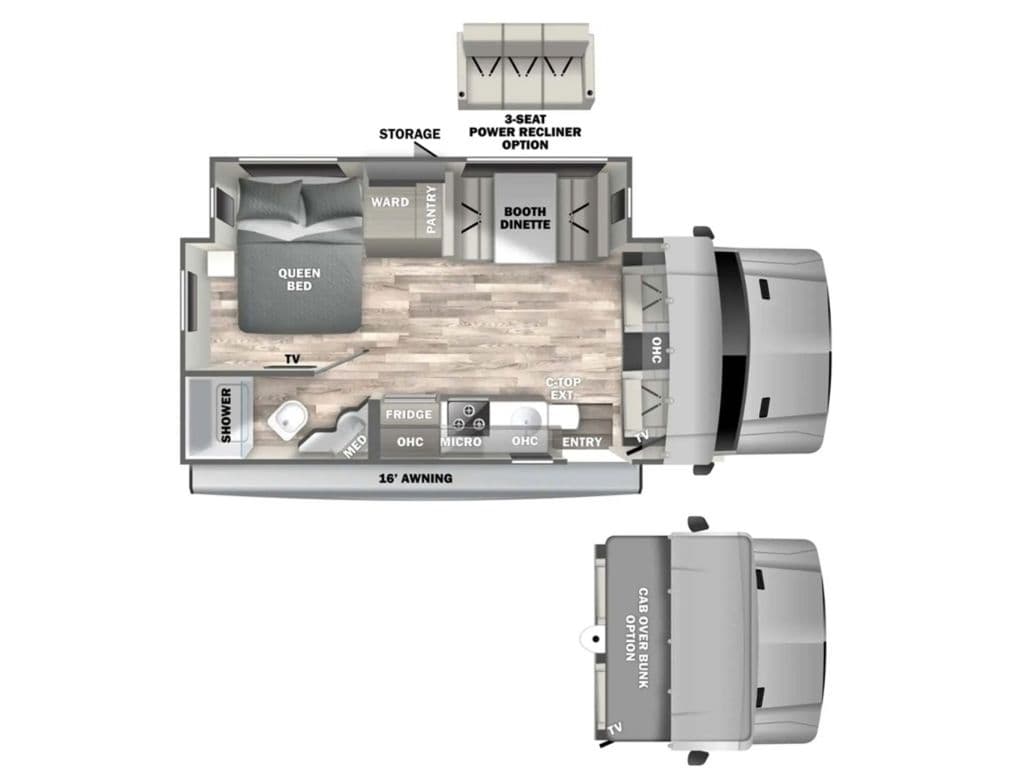 Dynamax Isata 3 24FW floorplan — corner queen bed, rear bath, theater seating